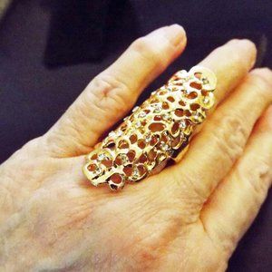 HUGE GOLDEN OPEN LACY FILIGREE WITH CRYSTALS LONG OVAL SZ. 7.5 RING 67